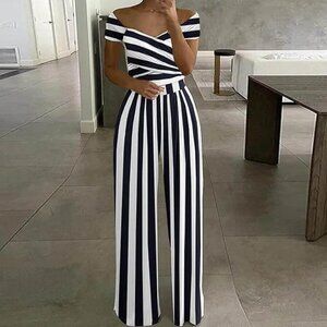 Black & White Stripe Dressy Off Shoulder V Neck High Waist Jumpsuit